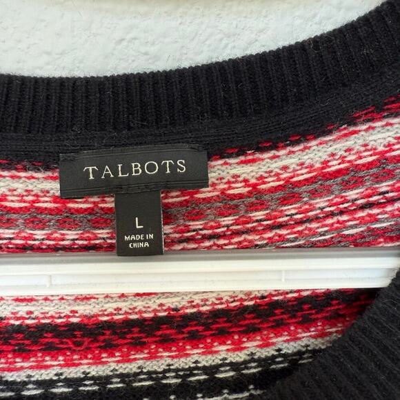 Talbots Fair Isle Nordic Button Up Cardigan Red Black White Large Lambswool - Picture 3 of 7